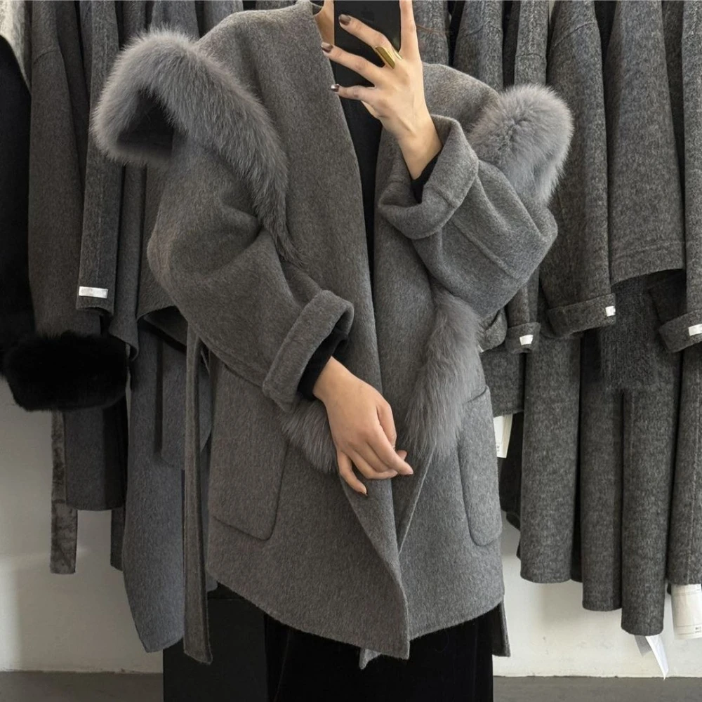 OFTBUY Damenmantel aus echtem Fuchsfell, 100 % Wolle, neuer Winter-Luxus-Wollmantel, warm, locker, elegant, Oberbekleidung mit echtem Fell – Detail 12