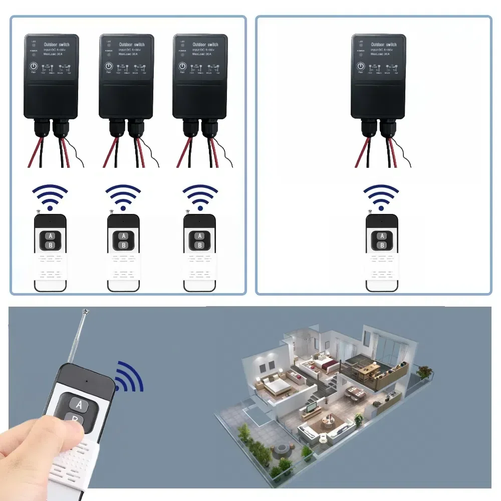 RF 433MHz اللاسلكية التحكم عن بعد التبديل تيار مستمر 12 فولت 24 فولت 36 فولت 72 فولت 30A في الهواء الطلق مقاوم للماء 1000 متر نطاق التحكم لمضخة مصباح مروحة العادم