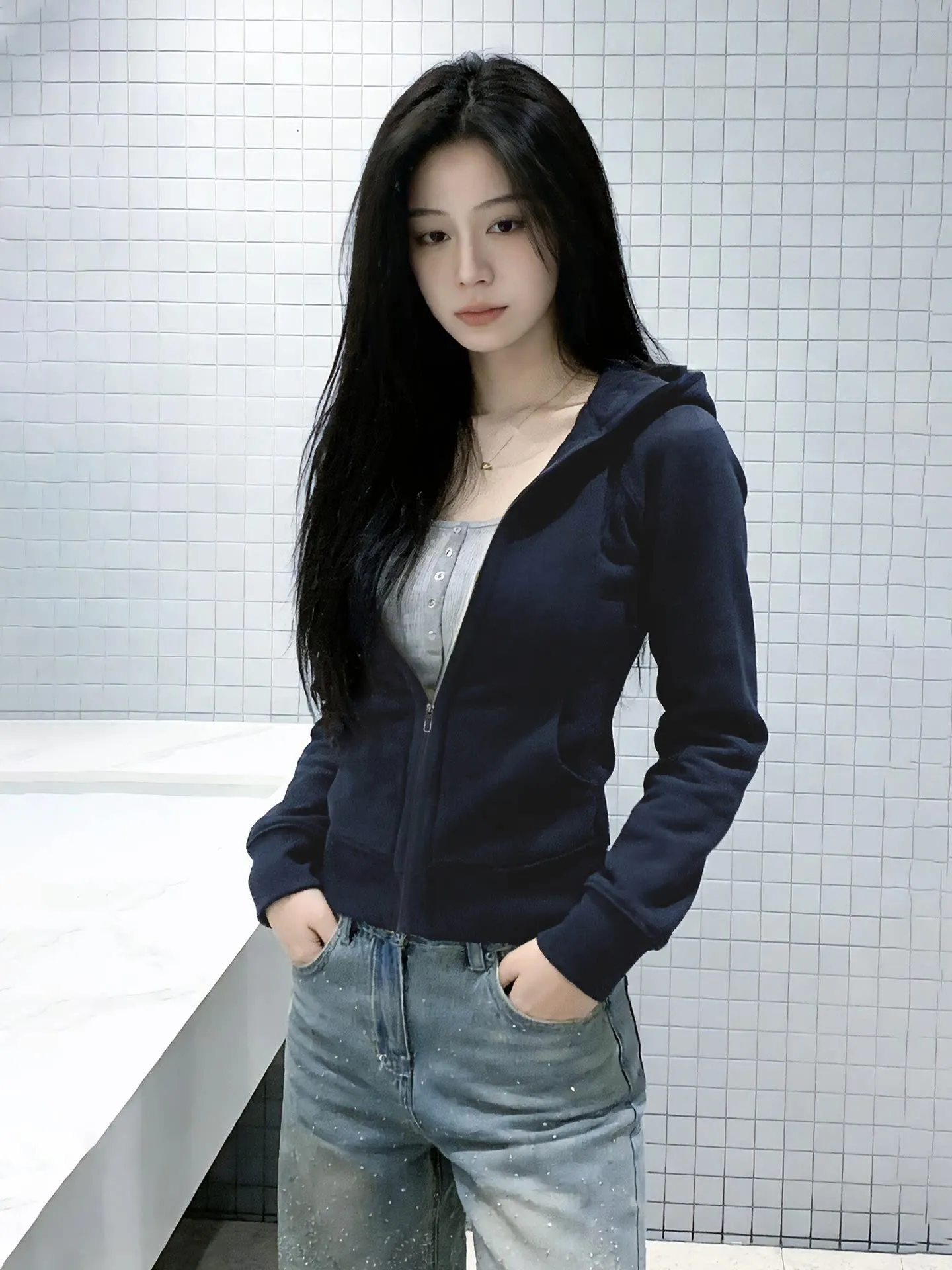 Slim Fit Hoodie Jacket Women's Spring Autumn Korean Style Zipper Open Cardigan Shoulder Length Short Top Tibetan Blue