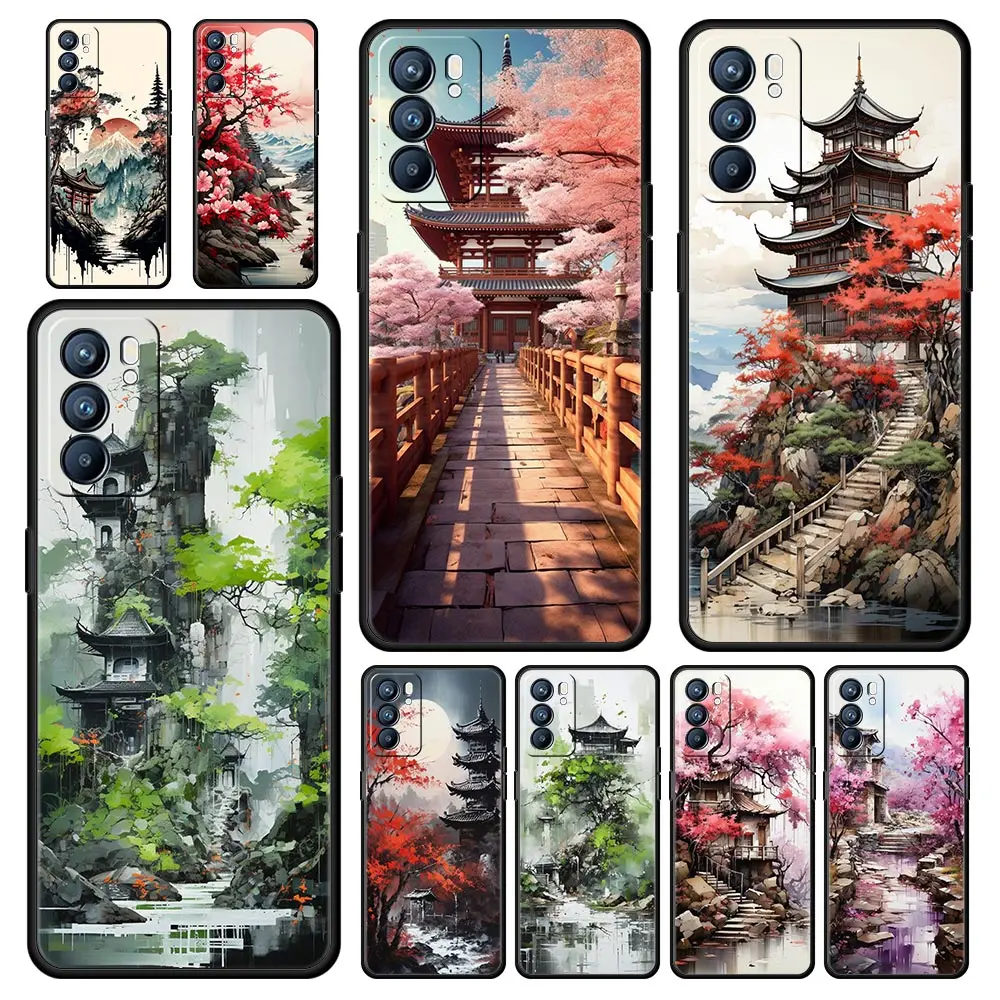 Case For Oppo A54 A53 A52 A9 A15 A95 A17 A16 A76 A74 Find X6 X5 Reno8 Reno7 Reno6 Pro 5G Cover Ink and wash landscape painting