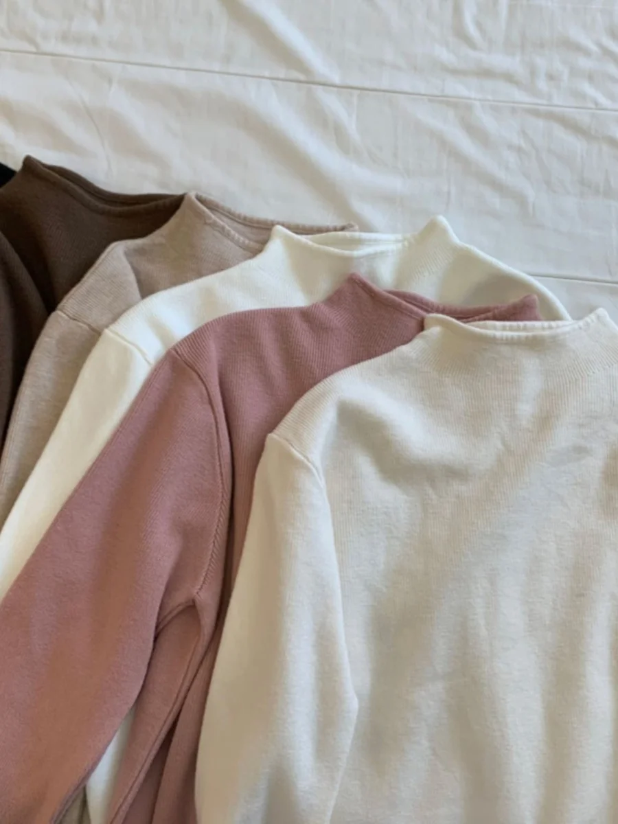 

Soft Fleece-Lined Half-High Neck Knitwear Long Sleeve Overhead Base Layer Shirt Autumn Winter Slimming Versatile Women's Top
