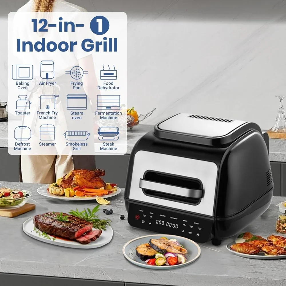 Grelhador elétrico de bife com termômetro inteligente, Power Grill, placas antiaderentes para máquina de lavar louça, 12 em 1, 1800W