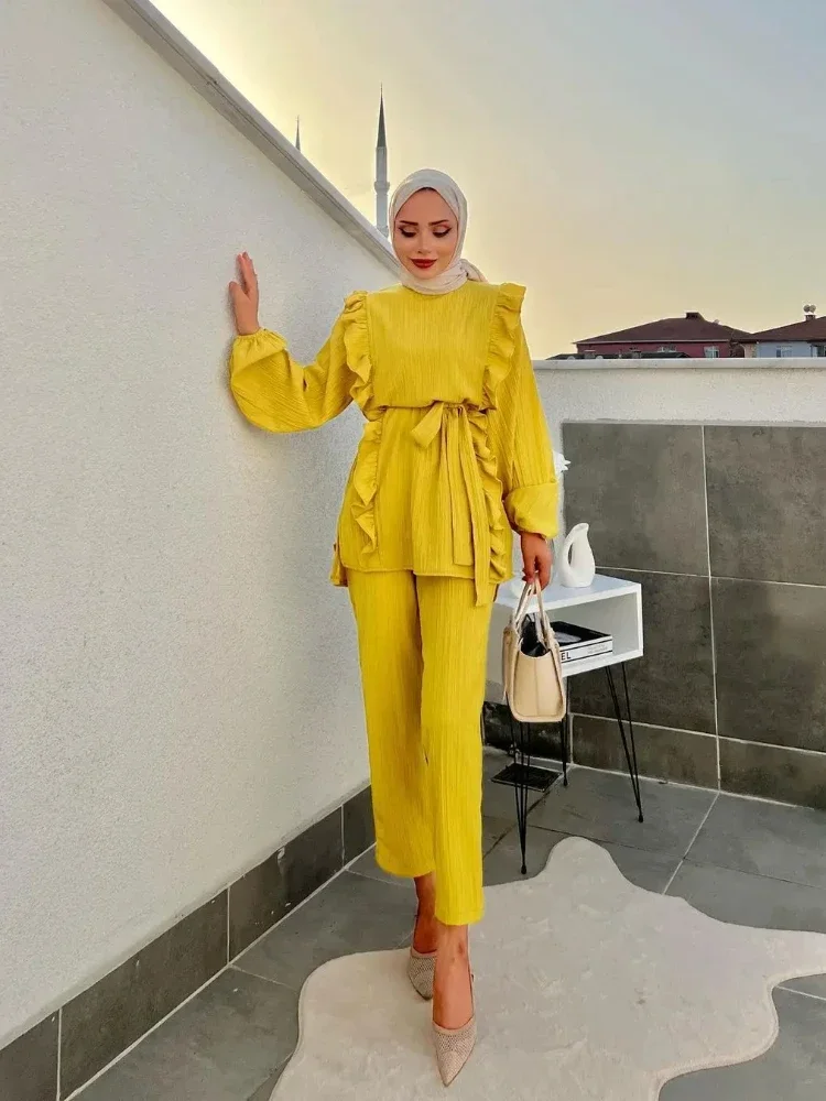 Women Eid Muslim Sets Two Pieces Kaftan Islam Ensemble Blouses Solid Ruffles Belt Wide Leg Pants Arab Casual Loose Pleated