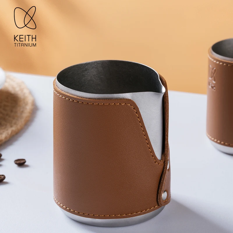 KEITH Ultra-Light Titanium Latte Art Pitcher Barista Milk Frothing Jug with Leather Sleeve Alligator Spout Espresso Frothing Cup