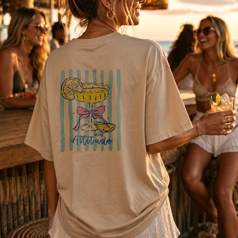 Oversized Short Sleeve Cocktail Glass Print Tunic With Attitude Text Lemon Striped Background Beige Relaxed Fit