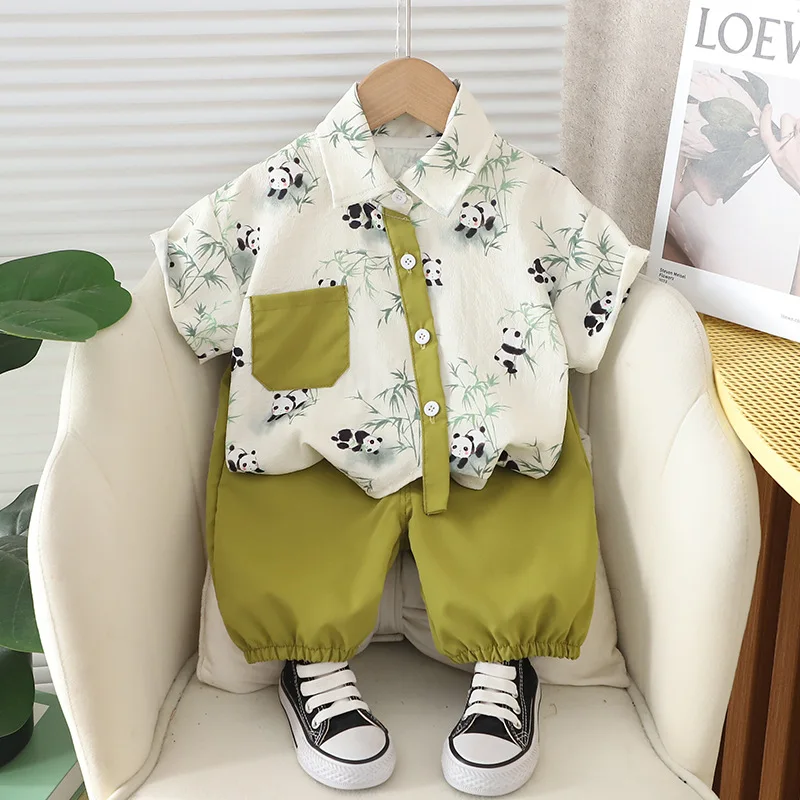 2024 Toddler Summer Outfits for Baby Boy Clothes 1 To 2 Years Chinese Style Panda Turn-down Collar Shirts and Shorts Kids Suits