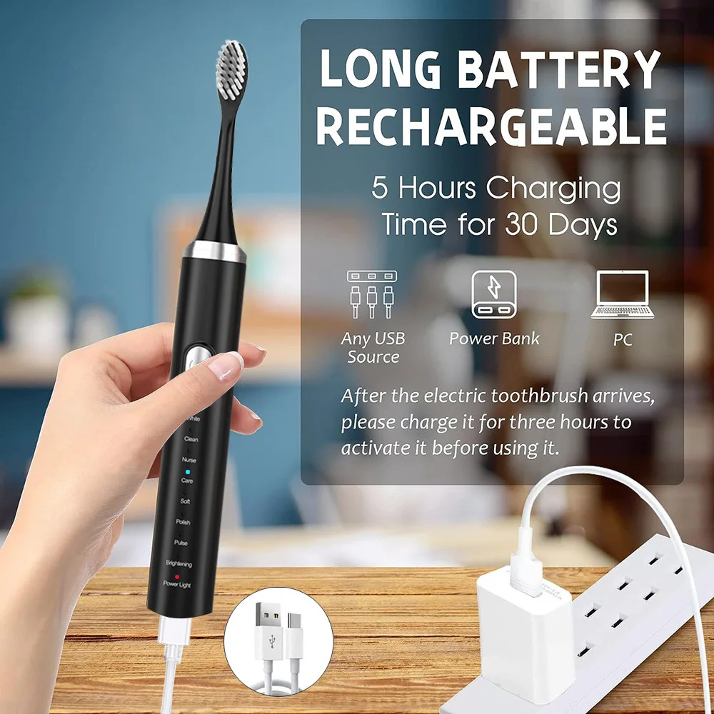 Electric Toothbrush Set, Rechargeable Sonic Toothbrush + 4 Replacement Heads, Portable for Home, Travel and Daily Use Now.