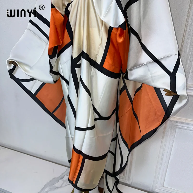 WINYI Geometric boho print beach Cover Up Women beach wear women 2024 Sexy V-neck Dresses Summer Woman Clothes Cloak dress