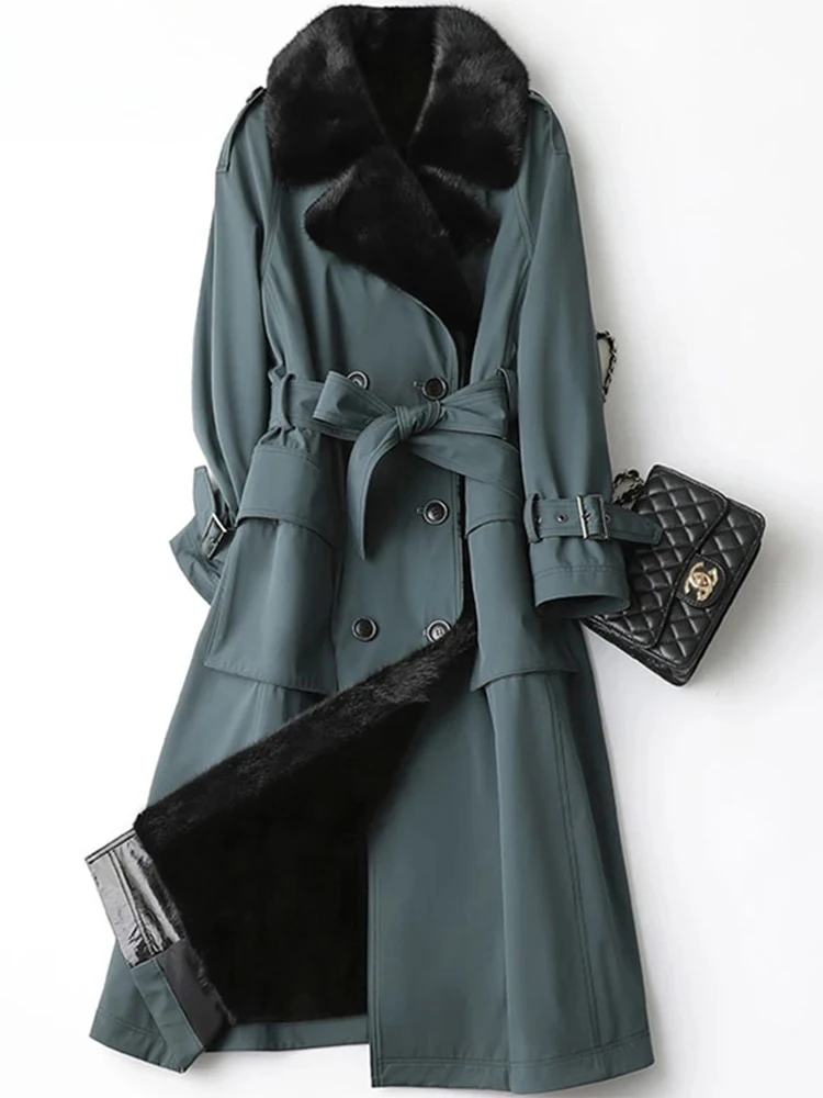 Double Breasted Luxury Fur Lined Trench Coat for Women Lautaro Winter Long Warm Thick Park with Faux Fur Inside Belt Pockets