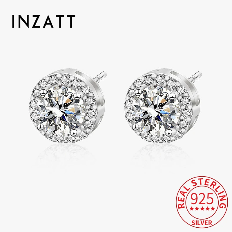 INZATT Real 925 Sterling Silver 0.5/1 Carat Round Mosonite Stud Earrings for Women Exquisite Fine Jewelry Minimalist Accessories