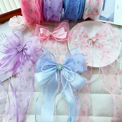Organza Wave Ribbon Flower Printed Gauze Tape For Handmade Hair Bow Jewelry Material 55mm 35Meters