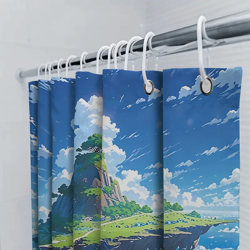 Sky Island Fantasy Shower Curtain Aerial Mountain View Lush Greenery Cloudy Sky Bath Decor Waterproof  Durable  Elevate Space