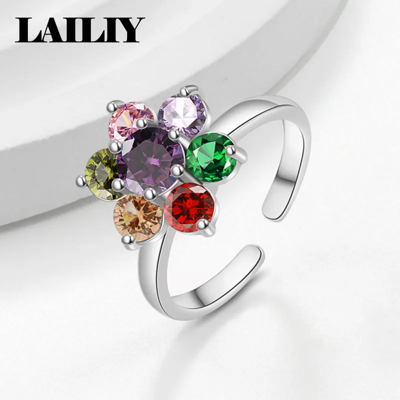 LAILIY925 Sterling Silver 18K Gold Birthday Gift Party Multi Colored Zircon Flower Adjustable Ring for Men Women Fashion Jewelry