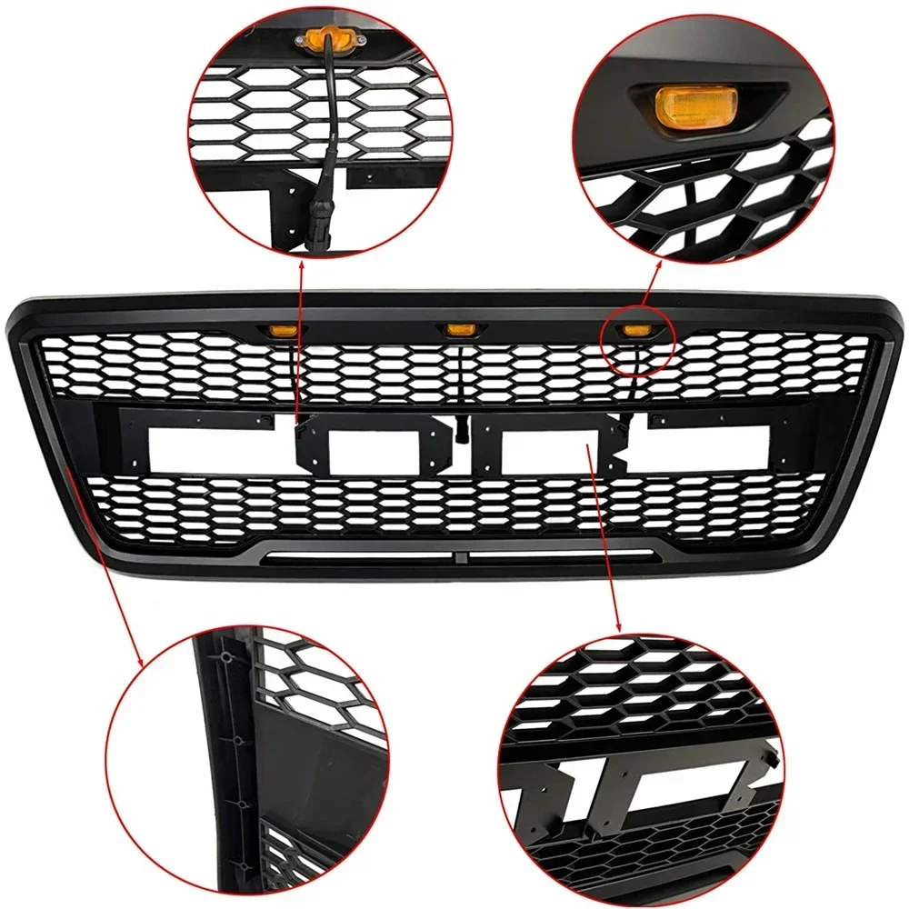 Black ABS Front Bumper Grille Raptor Style Grill with Amber LED Lights and Letters for Ford F150 2004-2008