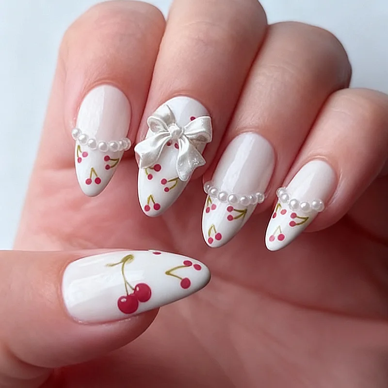 

24PCS Almond False Nails White French Edge Small Fresh Press on Nails High Quality Pearl Bow Design Fake Nails Wearable 네일팁 투명