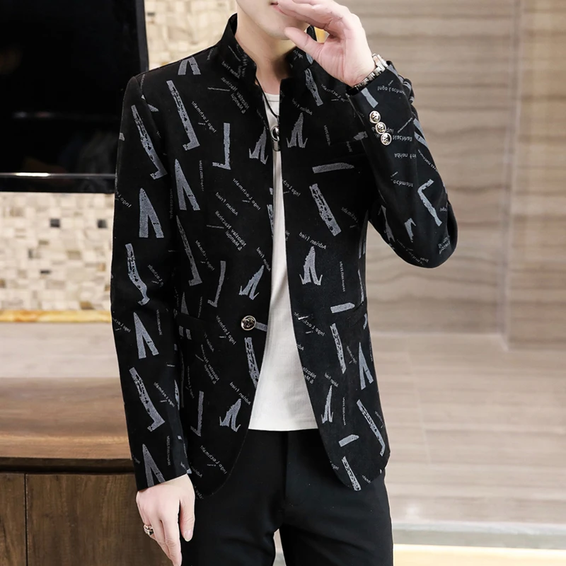 

Мужской модный повседневный пиджак в корейском стиле с воротником-стойкой, приталенный, для весны и осени, молодежный, с декоративными пуговицами