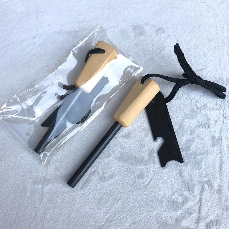 

Outdoor Survival Flint Umbrella Rope Set, Wooden Handle Magnesium Rod Multifunctional Scraper, Outdoor Camping Fire Tool