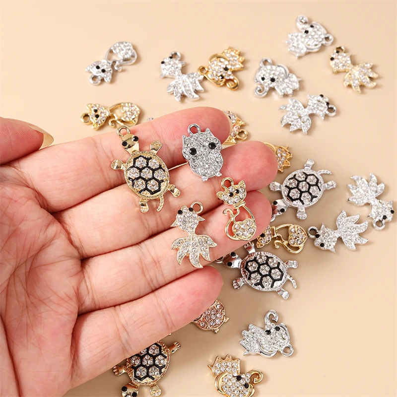 10 Stück niedliche Kristall-Legierungs-Anhänger in Tierform (Schildkröte, Eule, Elefant, Katze) zum Basteln von Halsketten, Ohrringen, DIY-Schmuck und Bastelarbeiten – Detail 1