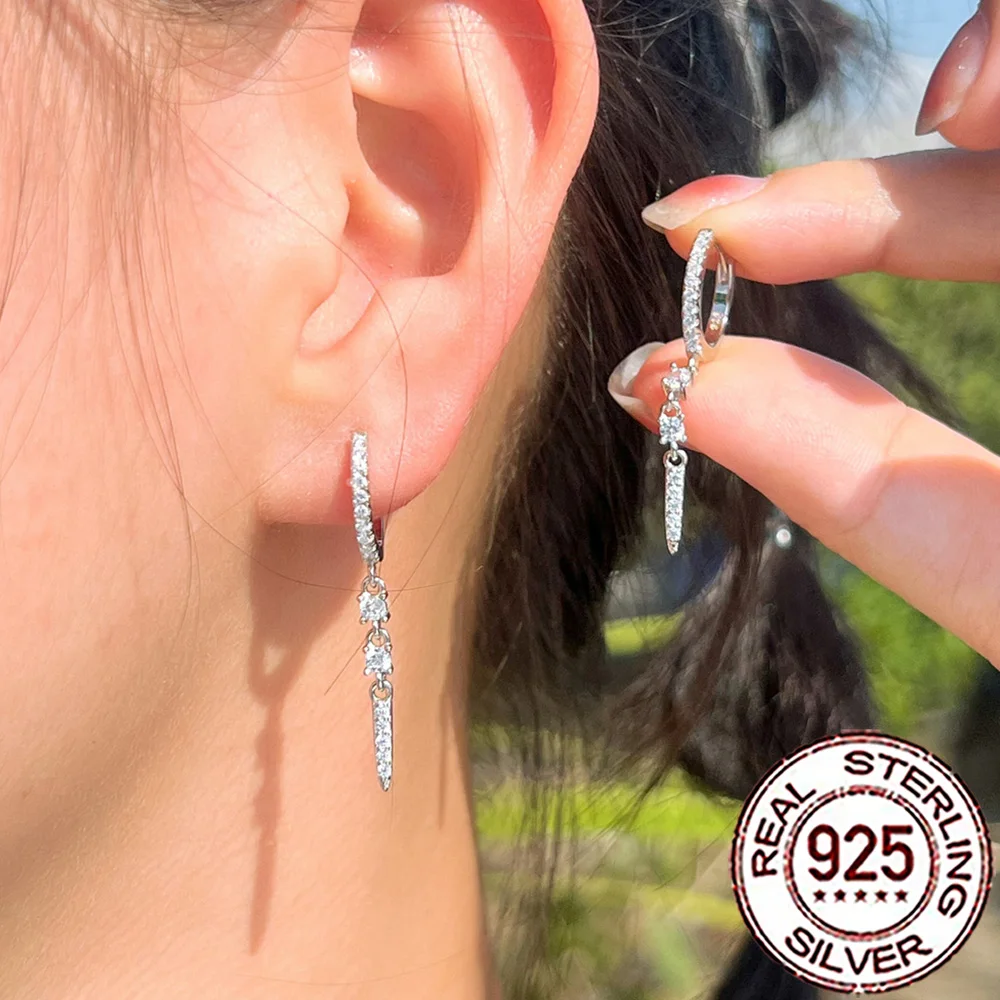 

CWWZircons S925 Sterling Silver Luxury Geometric CZ Zircon Long Dangle Hoop Earrings for Women Wedding Party Fine Jewelry SE034