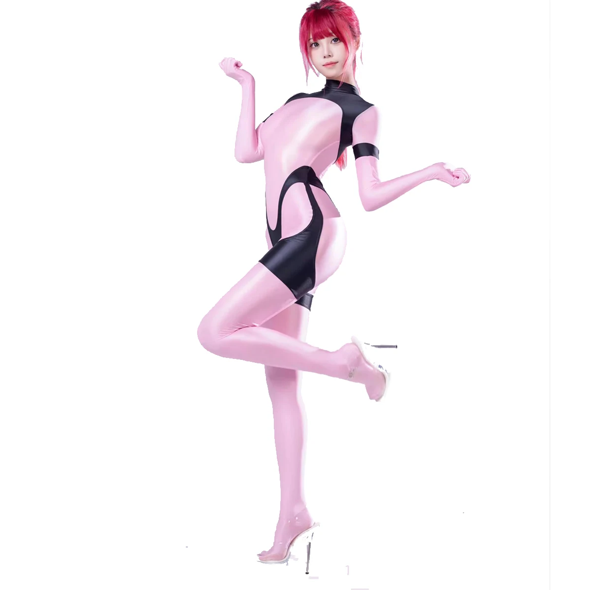 Women Glossy Spanex Smooth Elastic Long Sleeve Back Zipper Patchwork Diving Surfing Swimwear Jumpsuit Bodysuit Catsuit Playsuit