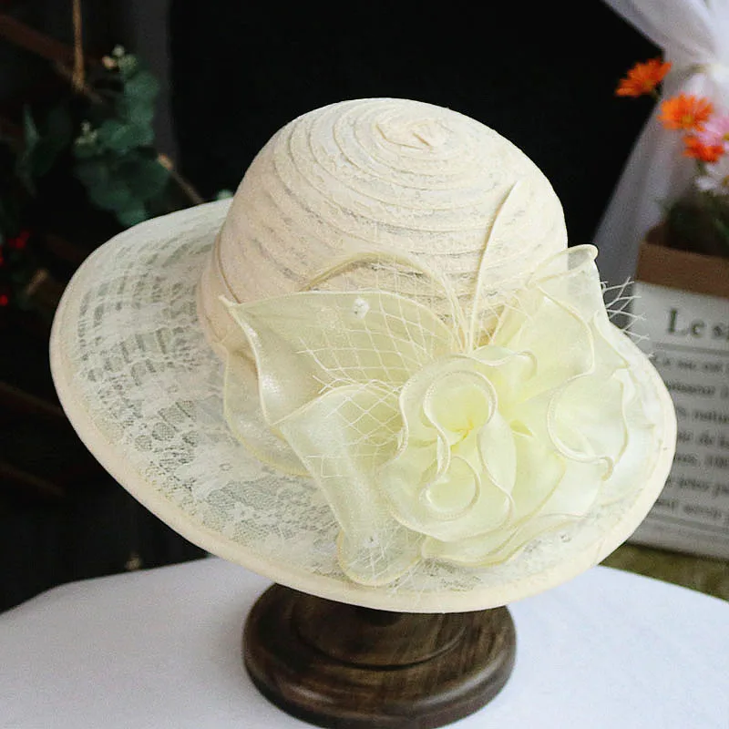 2024 New Fashion Elegant Breathable lace flower Church Hat For Women Foldable Wedding Party Hat Summer Beach Protection Sun Cap