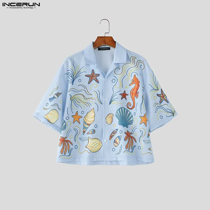 

INCERUN Men's Shirt Printing Lapel Short Sleeve Vacation Men Clothes Summer Loose Streetwear Tops Fashion Casual Shirts For Man