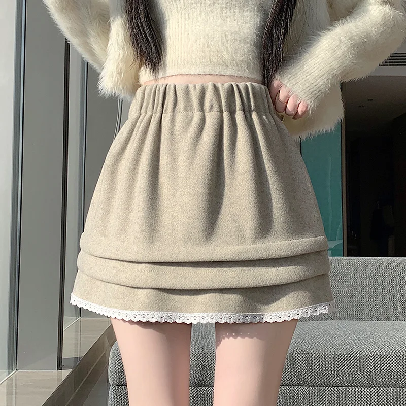 Retro Beige Woolen Mini Skirt Woman Fashion Cake Layered Ruffled Edges For Women Elastic High Waist Spliced Skirt Shorts Winter