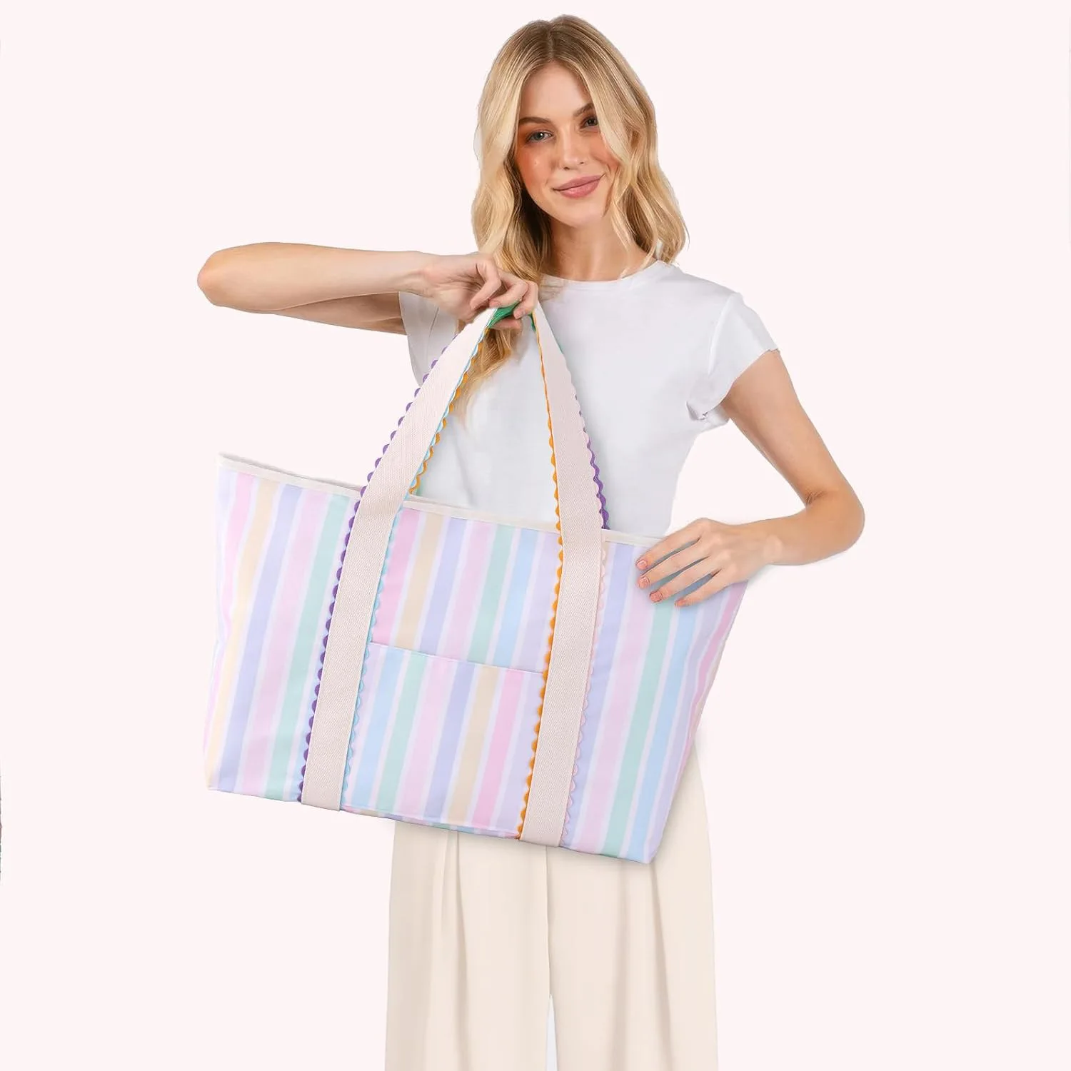 New Rainbow Macaron Striped Canvas Tote Bag with Wave Lace Trim Large Capacity for Women Beach Commuting Class Handbag