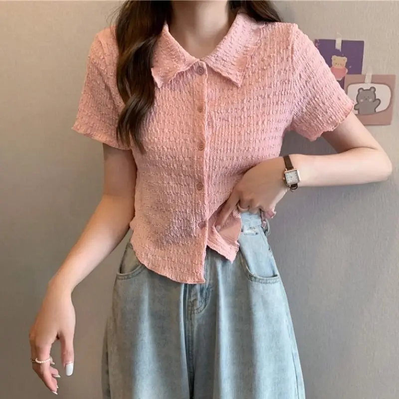 Shirts Women Cropped Folds Preppy Lovely Retro Basic All-match Ulzzang Elegant Summer Ins Chic Streewear Holiday Prevalent Mujer