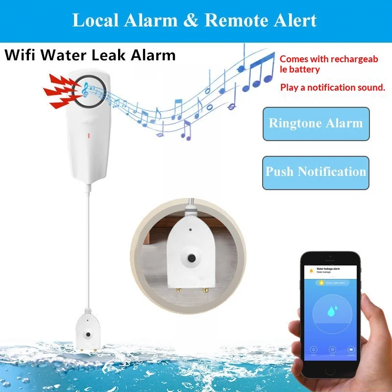 

Smart WiFi Water Leak Detector Tuya APP Flood Sensor Long Standby 1 Year Rechargeable 500mAh Remote Alert 58 Alarm Sounds