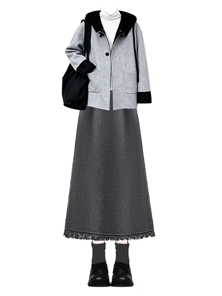 Herfst Winter Dames A-lijn Rok Met Kwastje Afwerking En Capuchon Jaet Set Tweedelige Zachte Ele High-End Faion Ensemble