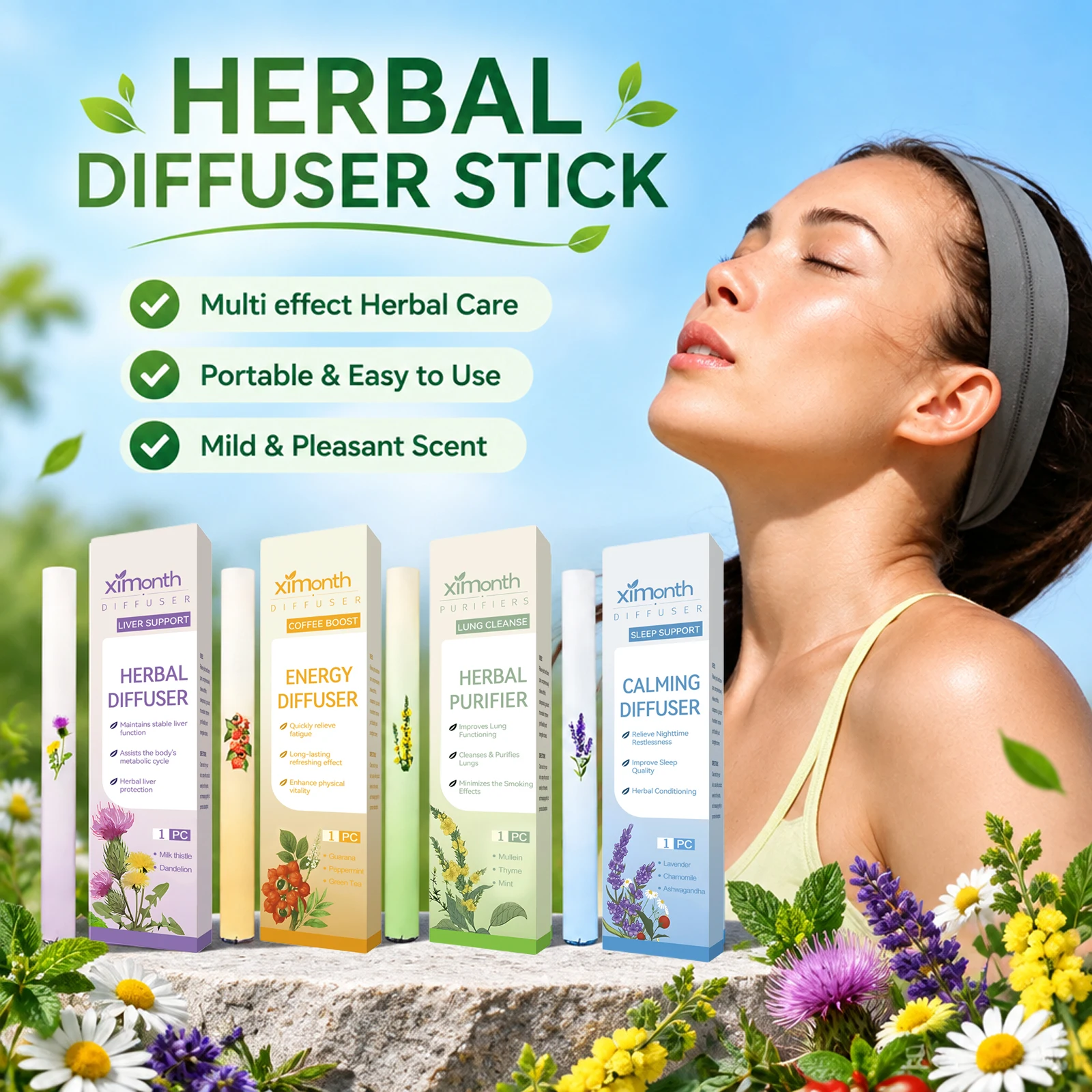 Ximonth Herbal Diffuser Stick Portable Gentle Herbal Care For Lung Sleep Energy Liver Support Daily Breath Refresh Wellness