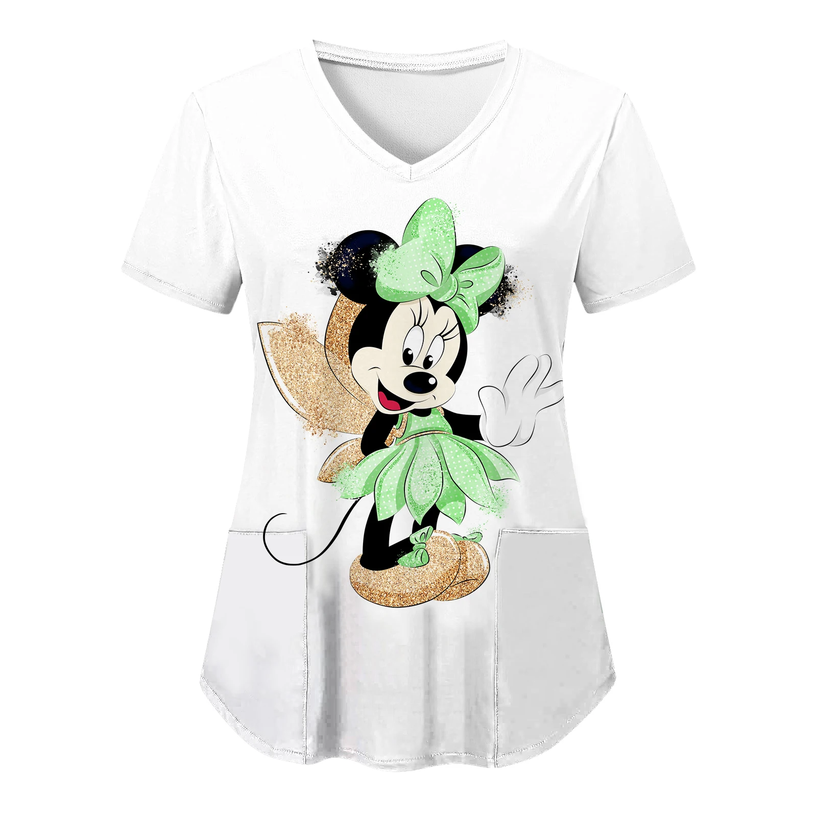 T-shirt V Neck Top Women 2024 Disney Shirts Minnie Mouse T-shirts Pocket Mickey Tops Hospital Woman Clothes Nurse Uniform Tees