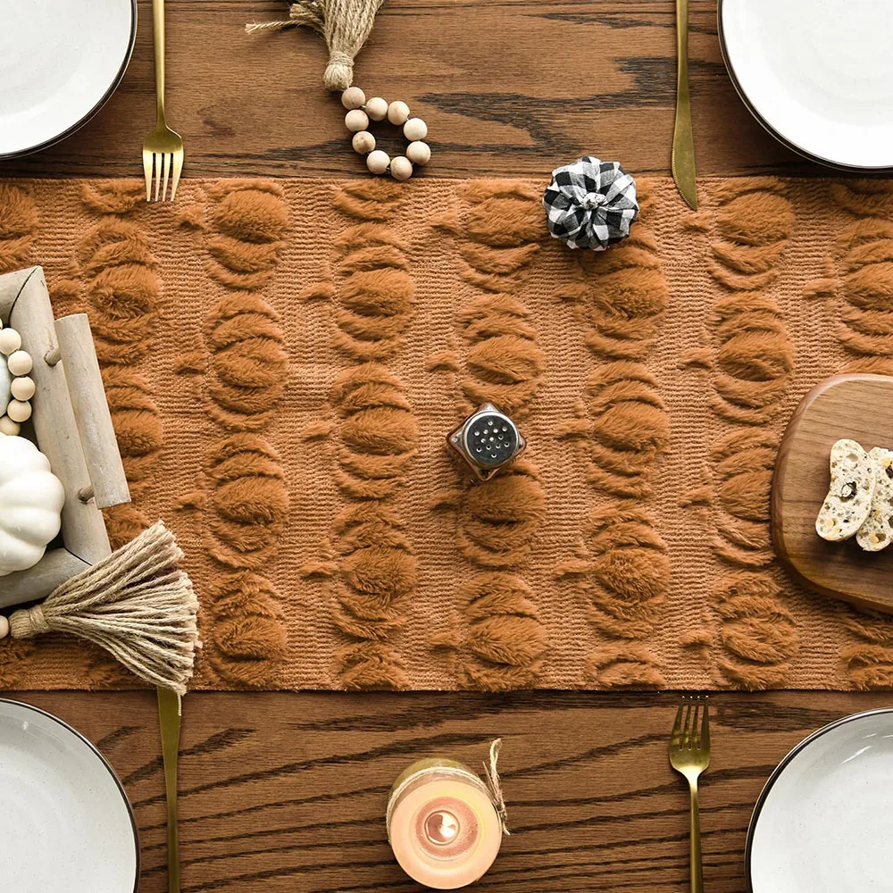 Caramel 3D Plush Pumpkin Table Runner 13x72 Inch Soft Faux Fur Fall Thanksgiving Dining Table Decor for Home Kitchen Party