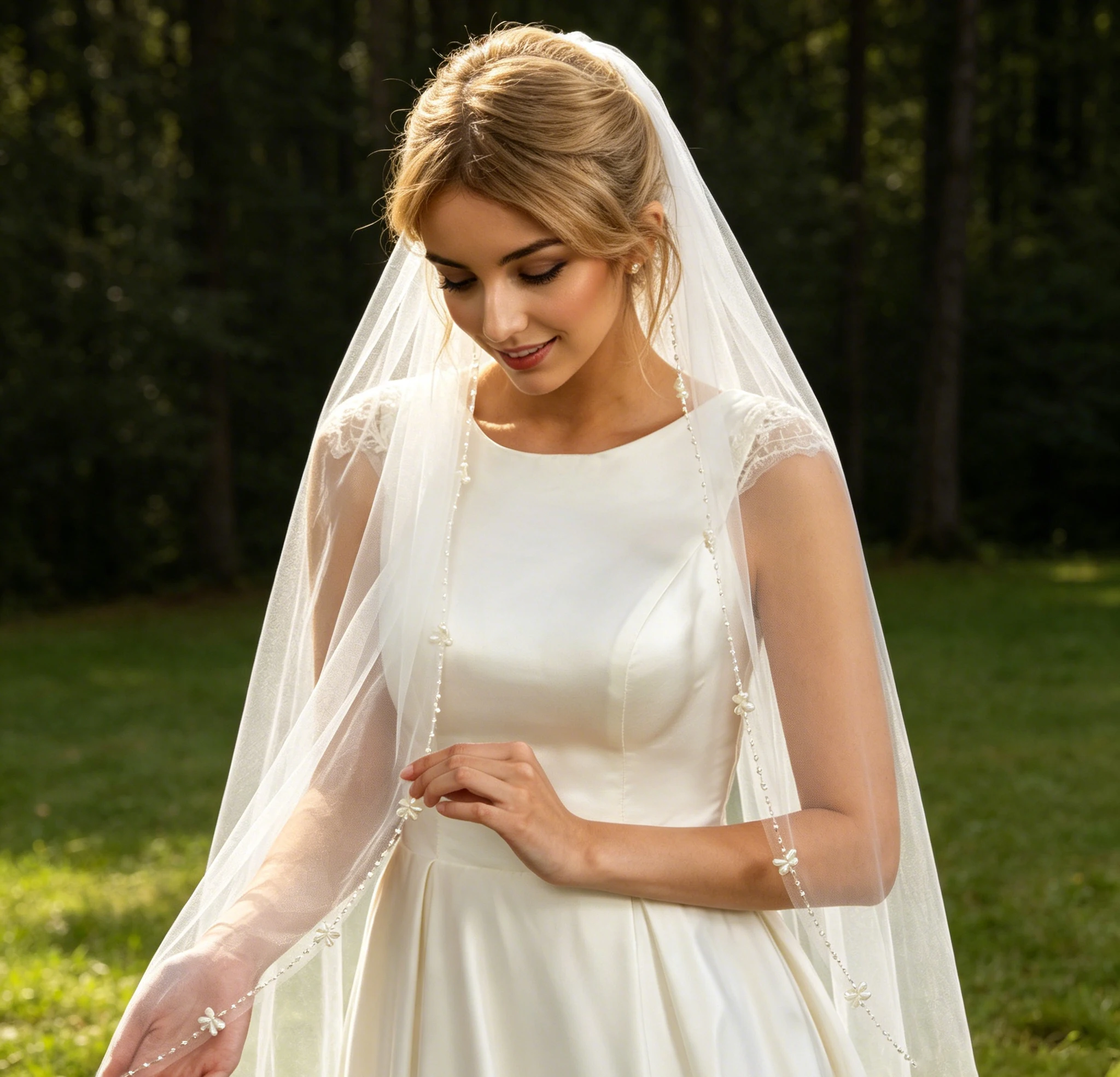 

Light Luxury Soft Tulle Bridal Veil One Layer Beaded Edge White/Ivory Elegant Simple Headpiece for Bride Wedding Accessory G86