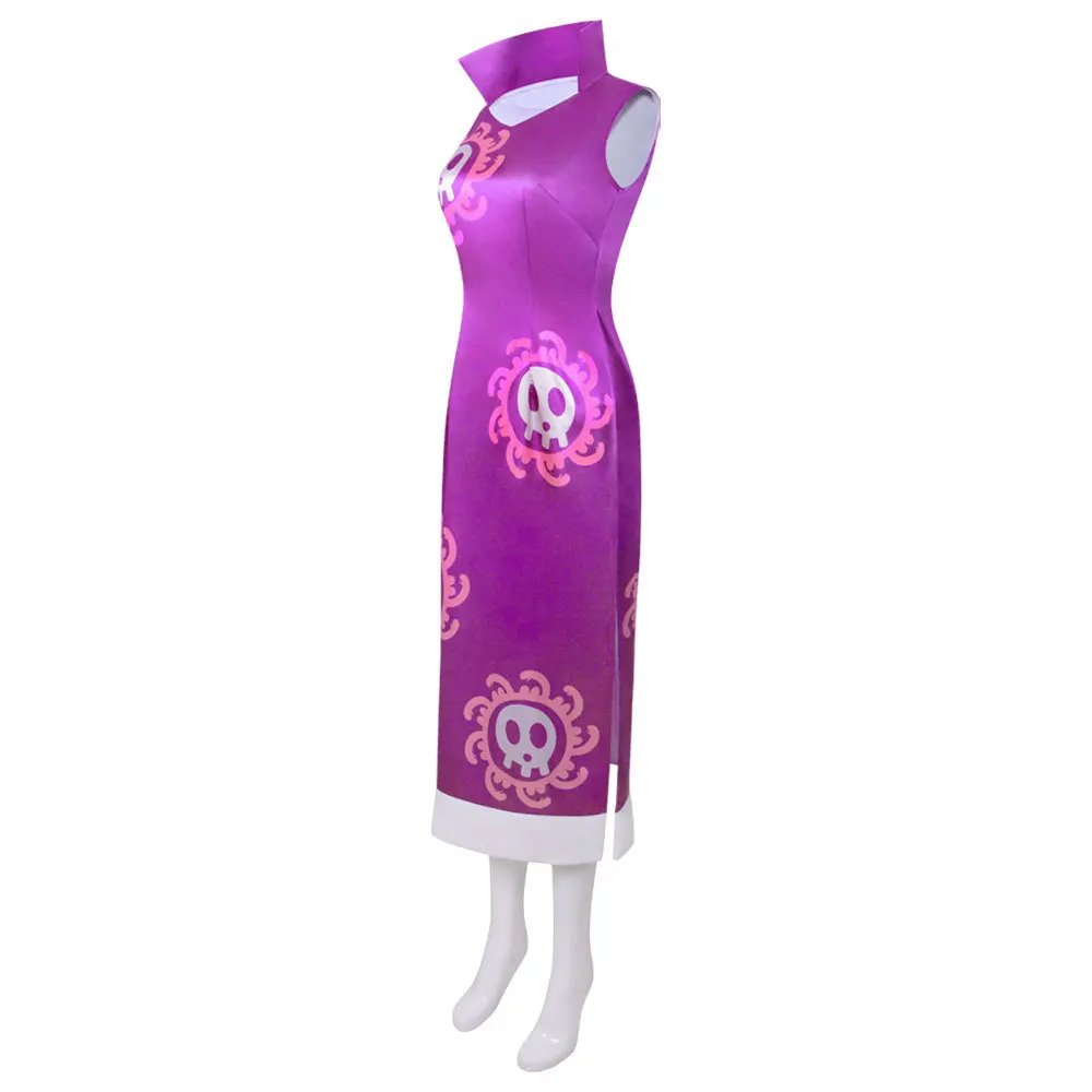 Women Boa Hancock Inspired Cosplay Costume Purple Cheongsam Dress With Earrings Halloween Carnival Anime Role Play Outfit - view 6
