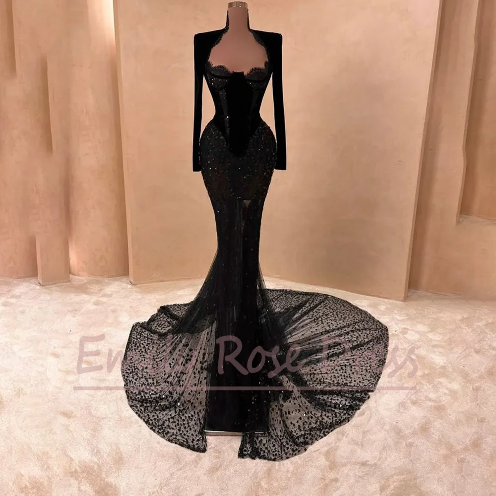 

Customized Luxury Shinning Black Mermaid Sequin Prom Gown Formal Long Sleeves High Quality Evening Dress Vestido De Festa