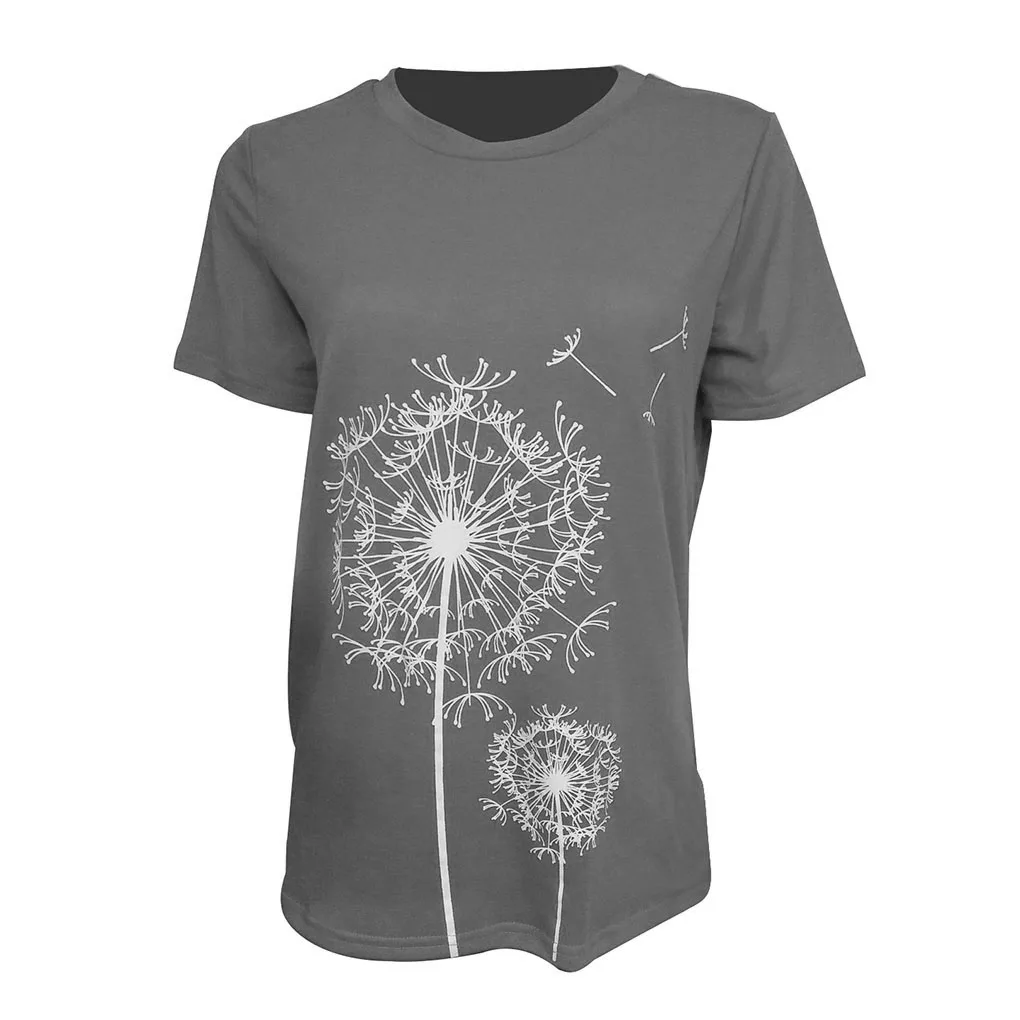 เสื้อเชิ้ตผู้หญิง แขนสั้น เสื้อยืดลายดอกแดนดิไลออน เสื้อผ้า ใส่ได้ทุกวัน สีแดง S