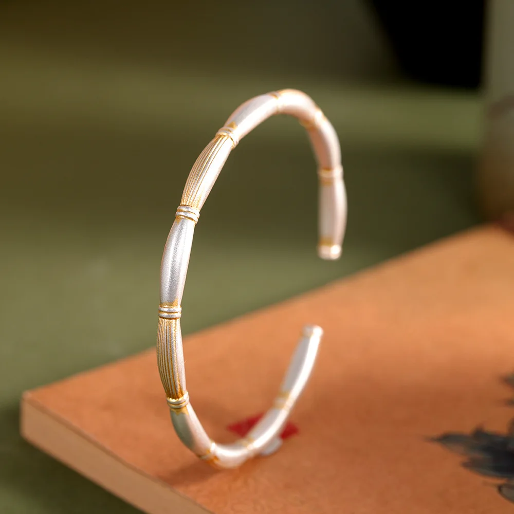 

Antique Workmanship Gilded 999.9 Full Silver Lotus Root Bangles for Women Plated Real Gold Bamboo Bracelets China Chic Jewelry