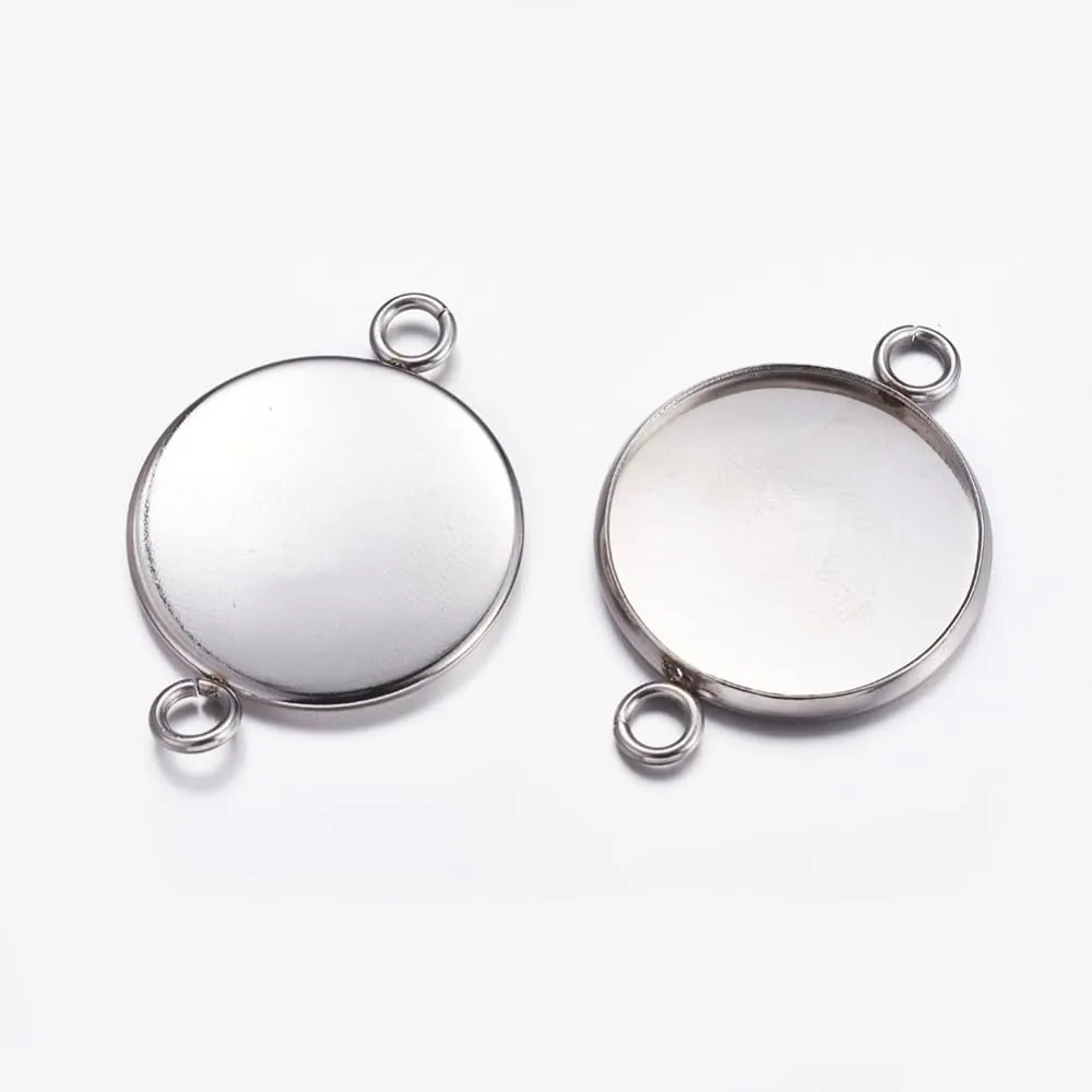 100Pcs 304 Stainless Steel Cabochon Connector Settings Plain Edge Bezel Cups Flat Round Stainless Steel Color Tray