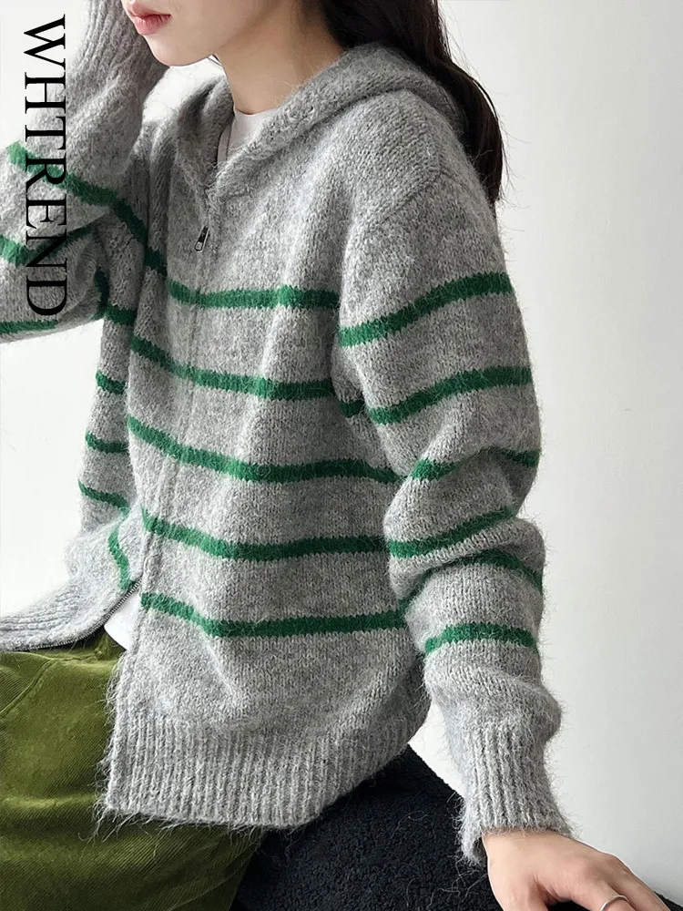 

WHTREND Свободный полосатый свитер для женщин, новый осенний вязаный кардиган на молнии с капюшоном WH1763