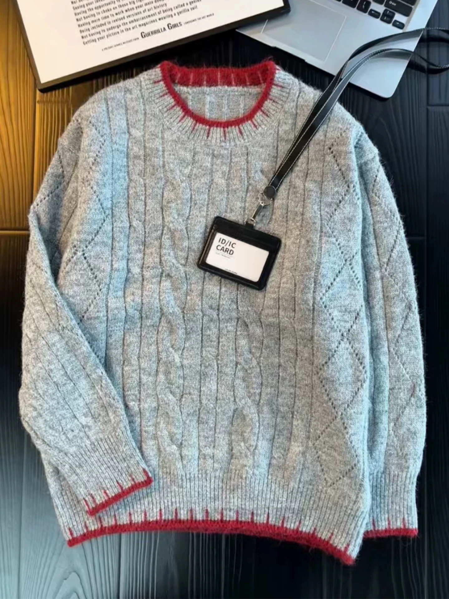 Retro American Twisted Color Block round Neck Knitted Sweater Men's Autumn Lazy Style Couple's Knitted Top Loose Fit Long Sleeve