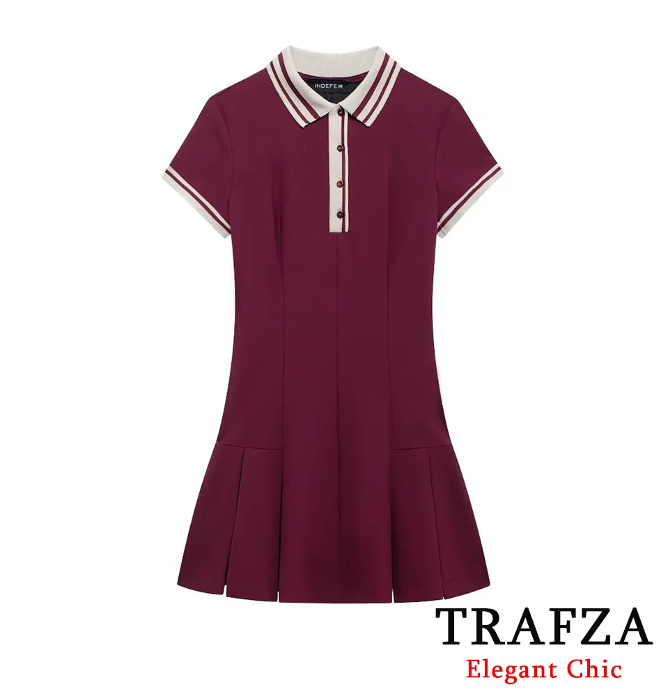 TRAFZA-Women Fashion Preppy Dress Contrasting Ribbed Lapel Buttons Dress New 2024 Spring Summer Classic Campus Style Dress