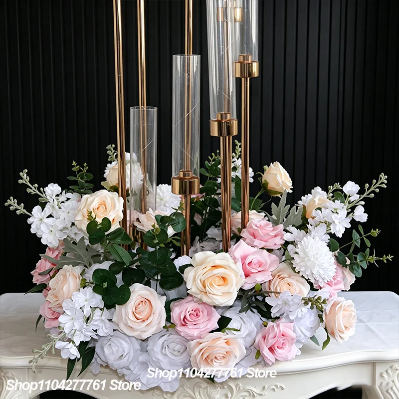 Rosa-weiß-burgunderfarbenes Rosen-Kunstblumenarrangement, Hochzeitstisch-Mittelstück, Blumenstrauß, Party-, Bankett- und Bühnendekoration. – Detail 8