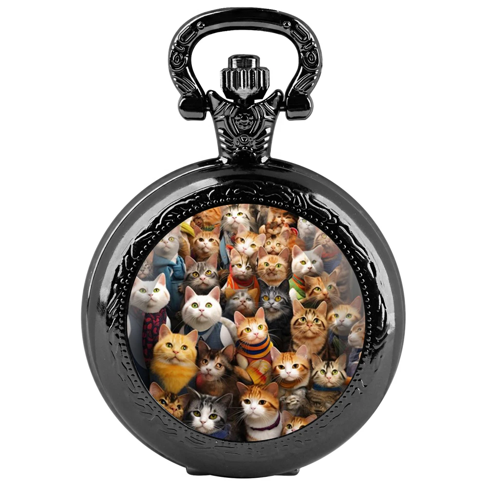 Black Silver Stainless Steel Funny Cats Glass Dome Quartz Pocket Watch Necklace Women Jewelry Pendant Chain Children