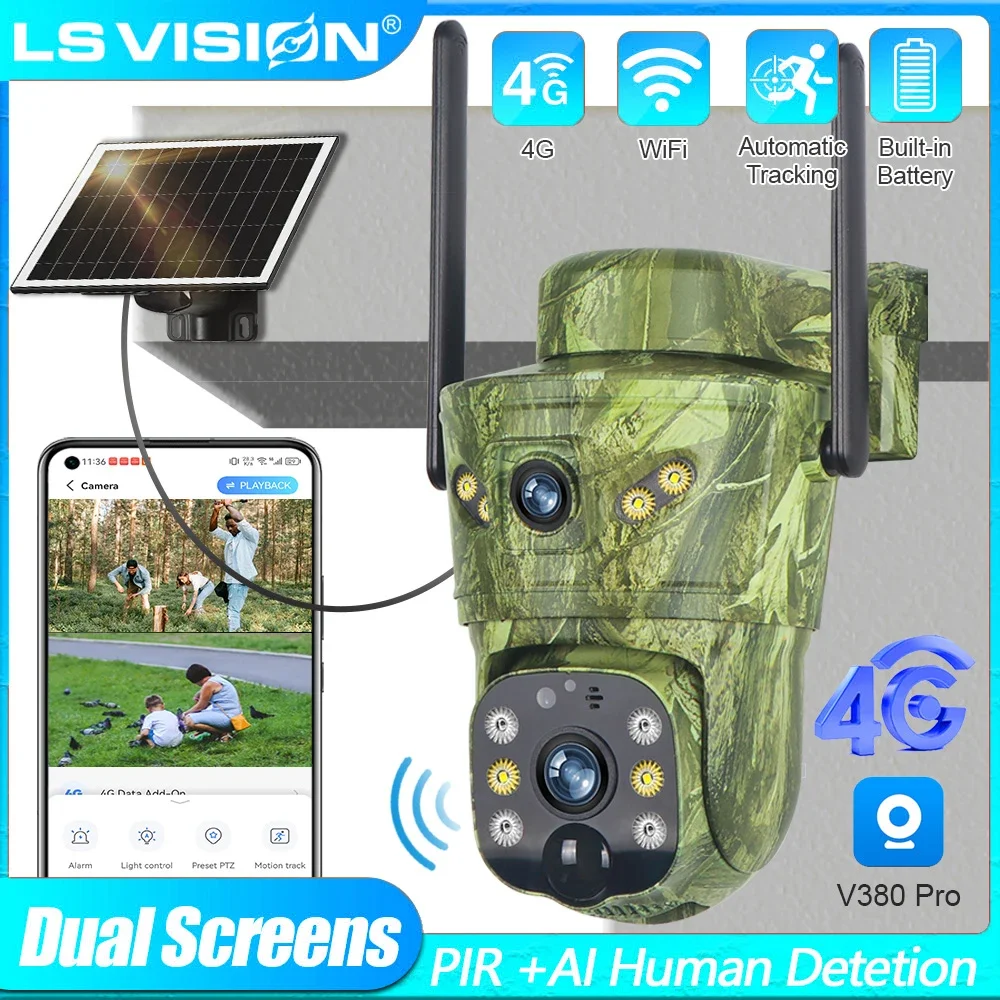 

LS VISION 4G/WiFi камера безопасности 8MP двойной объектив солнечные камеры уличное ночное видение PIR человеческое движение автоматическое отслеживание CCTV V380 Pro
