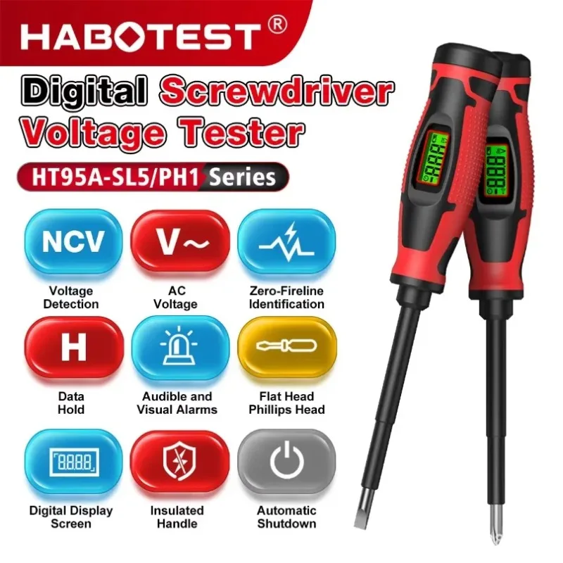 HABOTEST HT95A-SL5 Digital Display Smart Screwdriver Test Pen Non-Contact Voltage Detector 12V-250V Multi-Function Line Tester