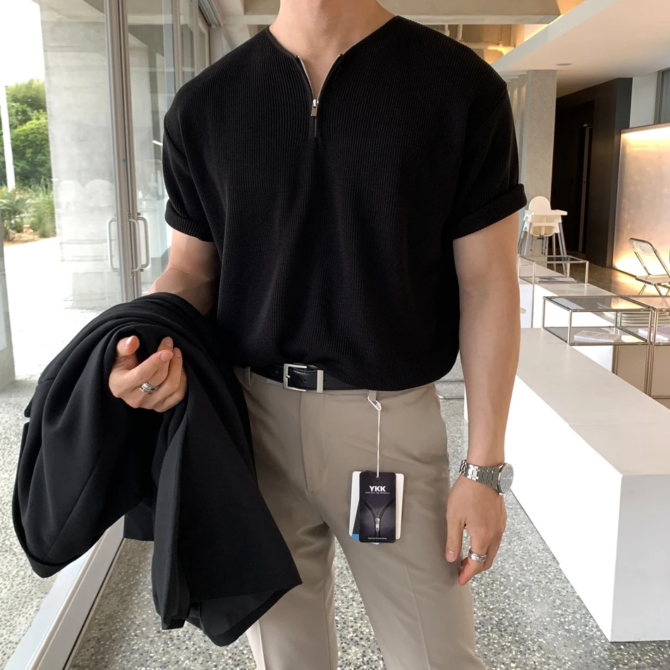 

Black Zipper Collar Short Sleeve T-shirts Loose Sweater Knitted Blouse Unusual Stylish Mens Clothing Summer Cozy Soft Pullover