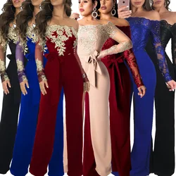 Women One Piece Sexy Slim Fit Jumpsuits Lace Floral Off Shoulder Full Sleeve Overalls Wide Leg Long Pants Tight Waist Rompers