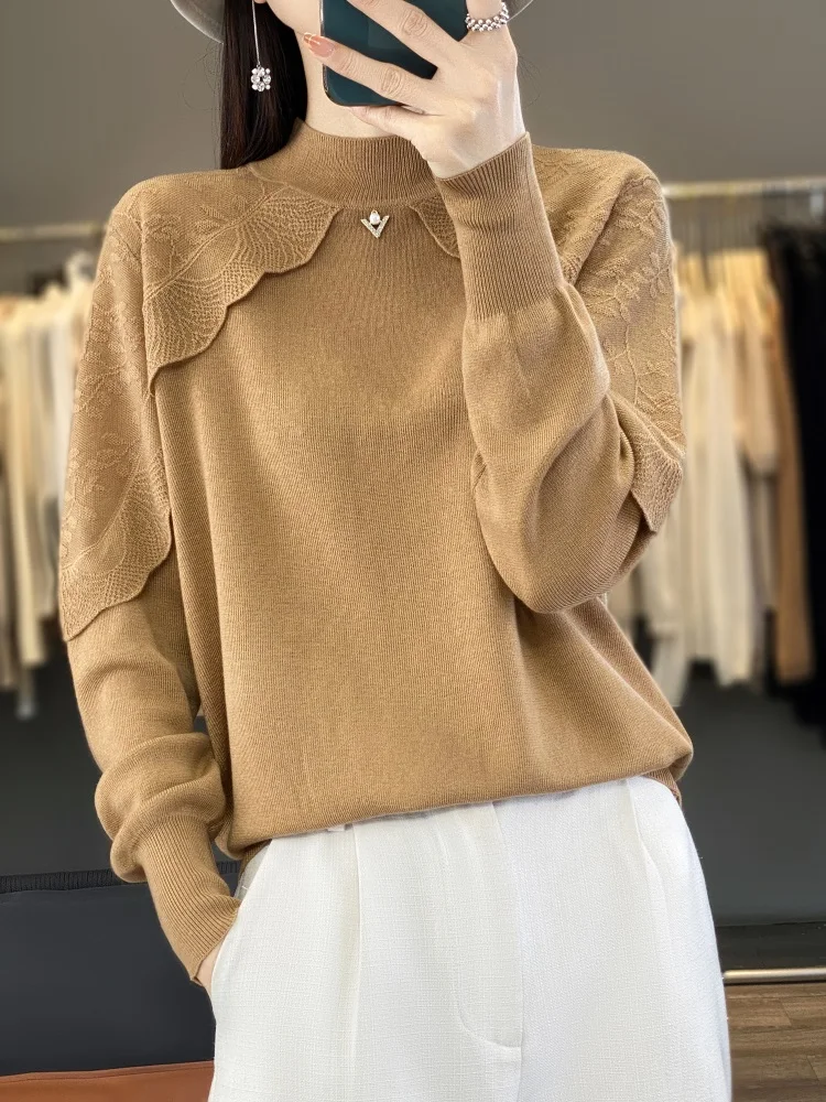 

Fashion Autumn Winter Sweater Women's Pullover 100% Wool Sweater Mock Neck Thermal Base Clothing Inside Join Knit Ruffle Sleeves